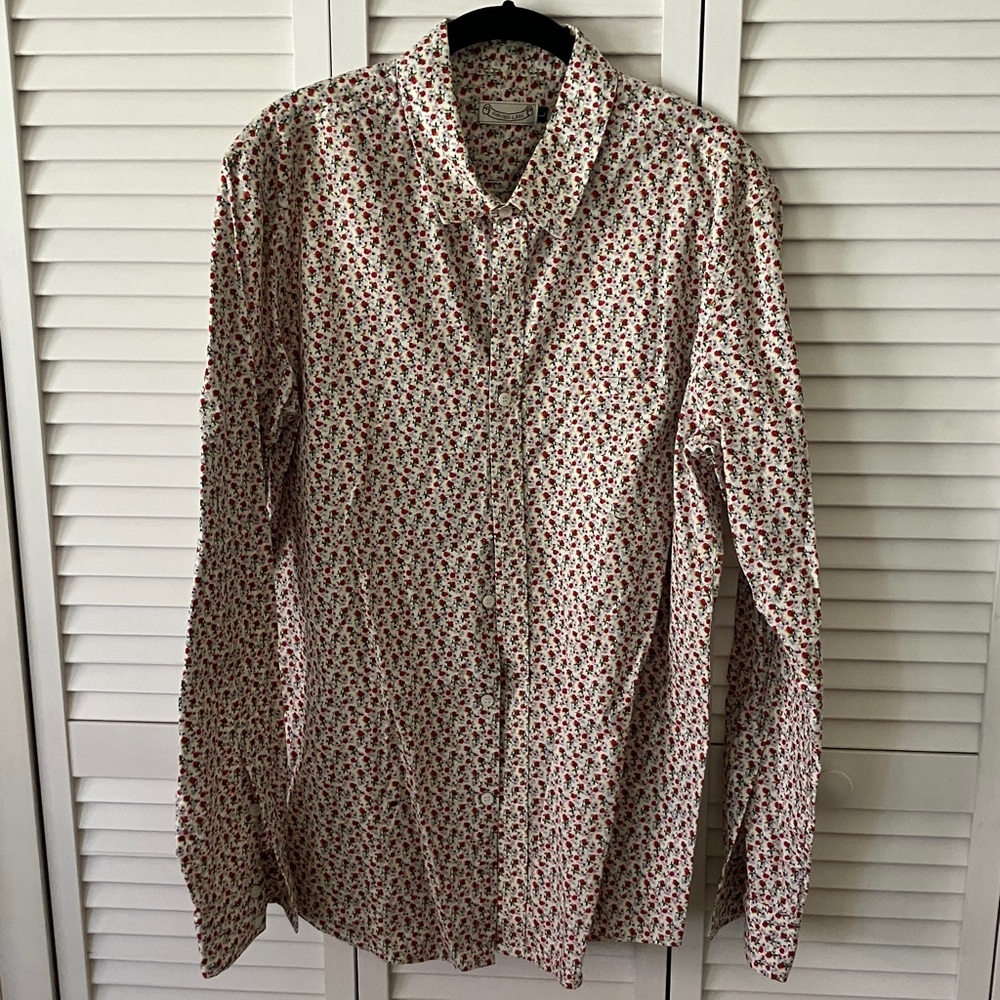 Oxford Lads White Button-Down Shirt with Red Floral Motif size L Cotton